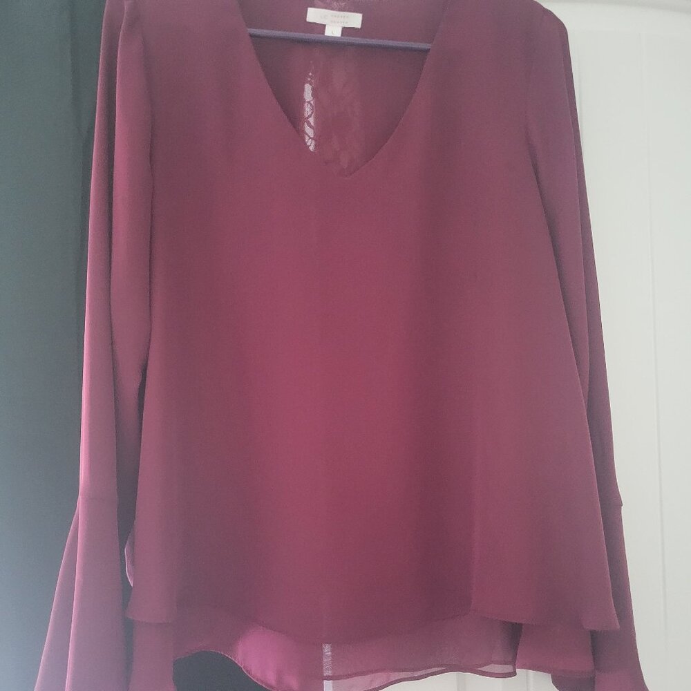 BURGUNDY WINE LONG BELL SLEEVE BLOUSE WITH DETAILED BACK SIZE LARGE